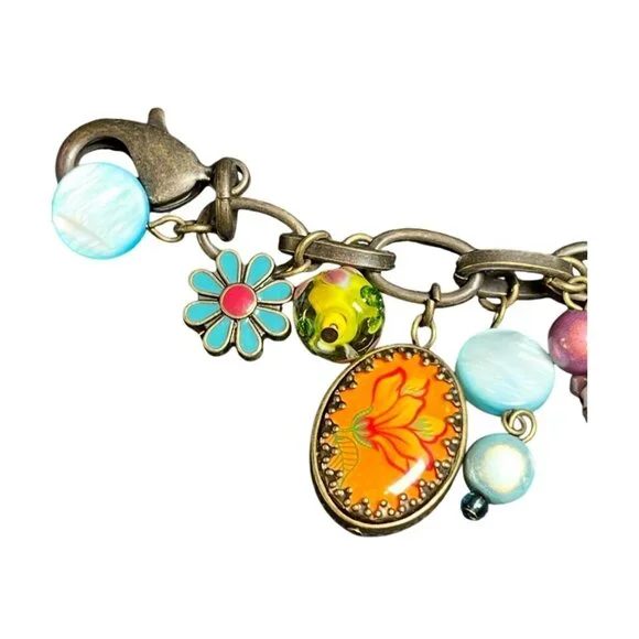 vtg Floral Chunky Antiqued-Bronze Bracelet Multicolor Glass Enamel Beads Charms - Picture 6 of 6